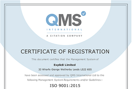 Explic8 certified in compliance with ISO 9001:2015 – QMS