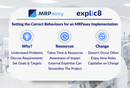 An image outlining the correct behaviours required for the implementation of MRPeasy: Understanding why, understanding resources and embracing change.